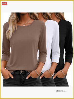 3 Pack 3/4 Sleeve Round Neck Tees Loose Fit Polyester Rayon Spandex